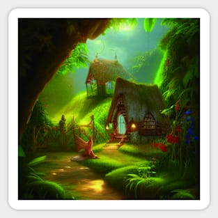 Fantasy House In a Greenery Scene, Fantasy Cottagecore artwork Sticker